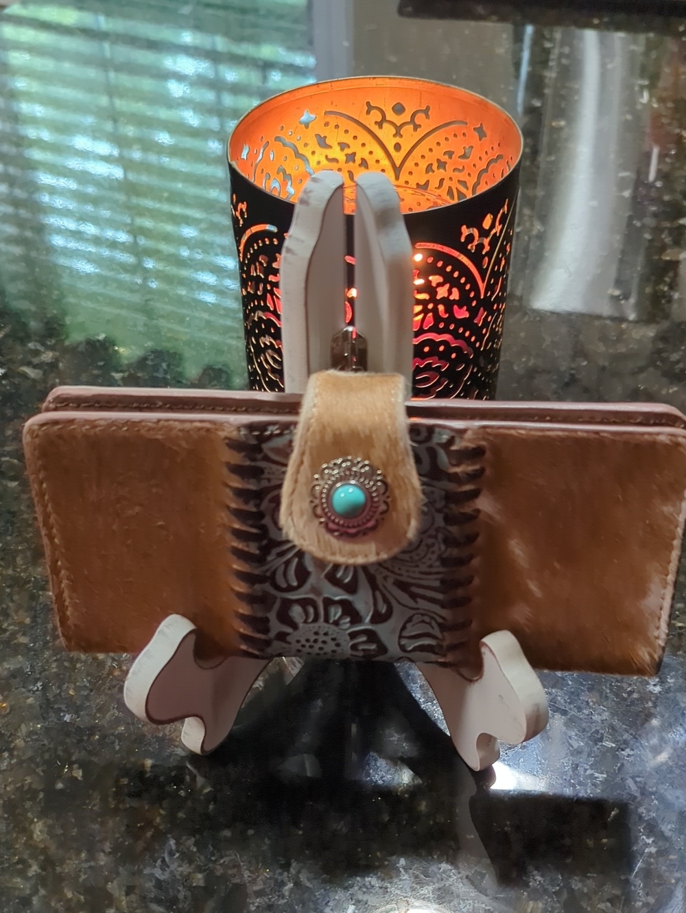 Brown Tooled Leather Wallet with Turquoise Concho